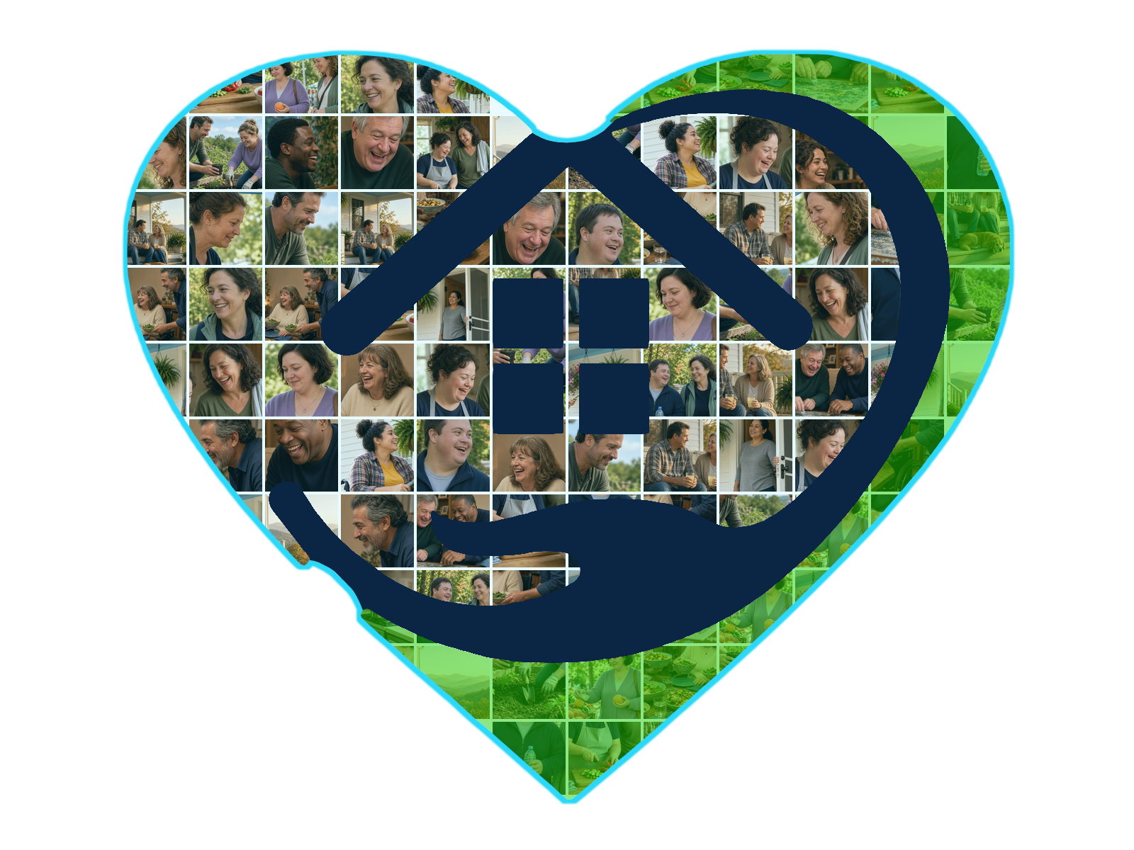 Illustration: a heart-and-house shape, matching the Hands In Unity logo, filled with small pictures of adults with disabilities and their caregivers cooking, gardening, walking, shopping, doing a puzzle and sharing a meal.