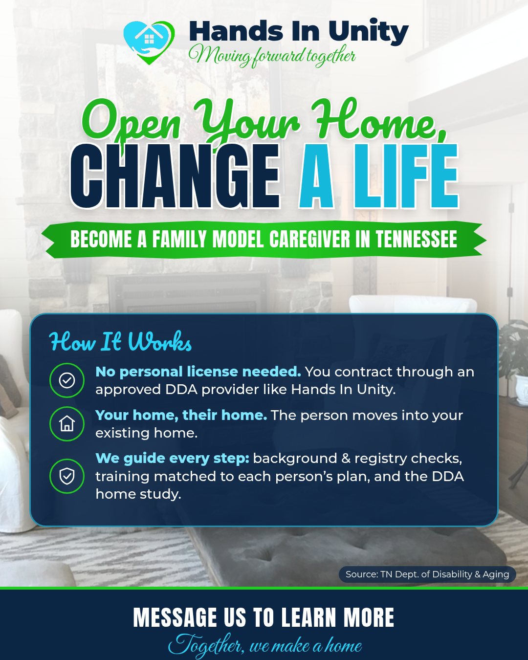 Graphic: Open Your Home, Change a Life. Become a Family Model caregiver in Tennessee. No personal license needed; Hands In Unity guides every step. Message us to learn more.