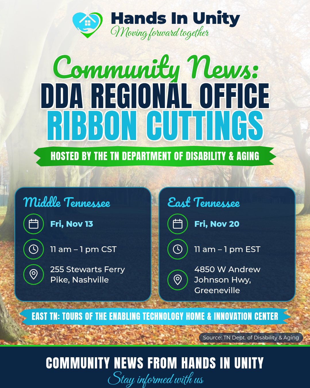 Graphic: Community news. DDA regional office ribbon cuttings: Middle Tennessee Fri, Nov 13, 11 am–1 pm CST, Nashville; East Tennessee Fri, Nov 20, 11 am–1 pm EST, Greeneville.